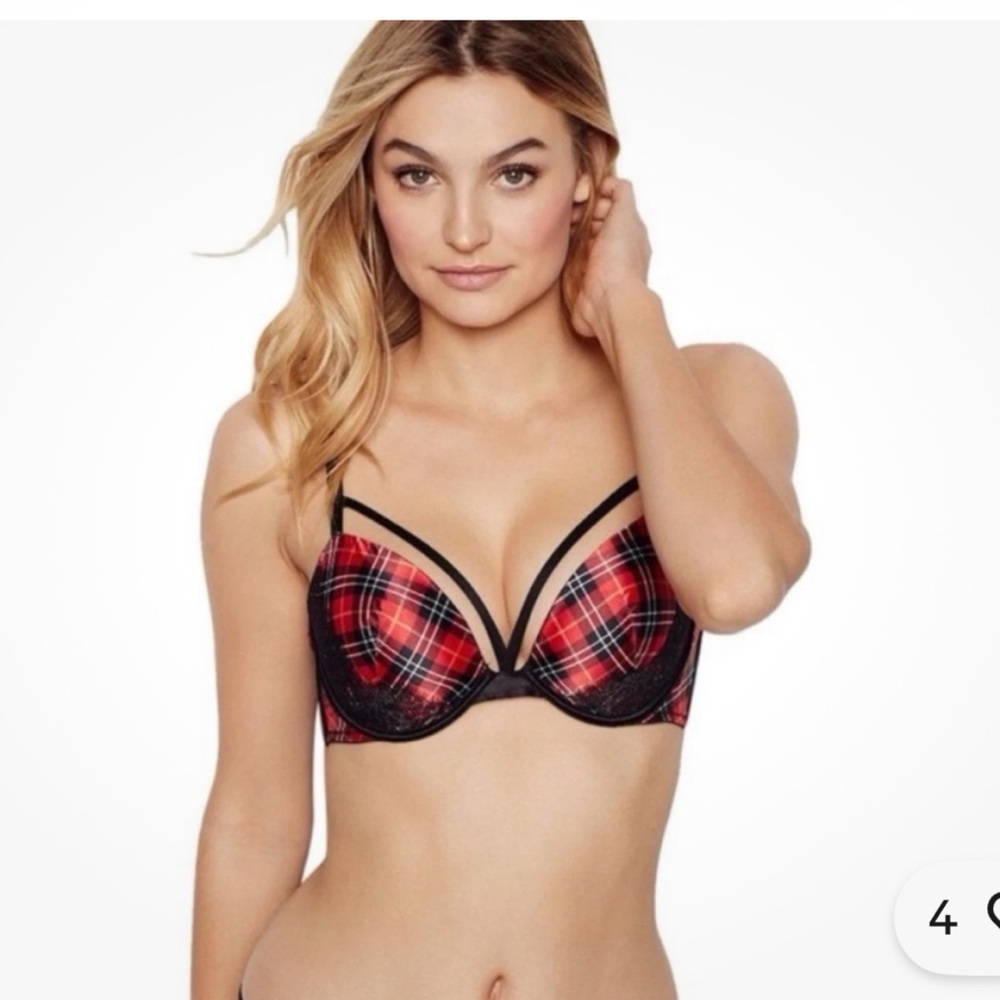 Red Plaid Push-Up Bra with Black Trim - Women Intimates